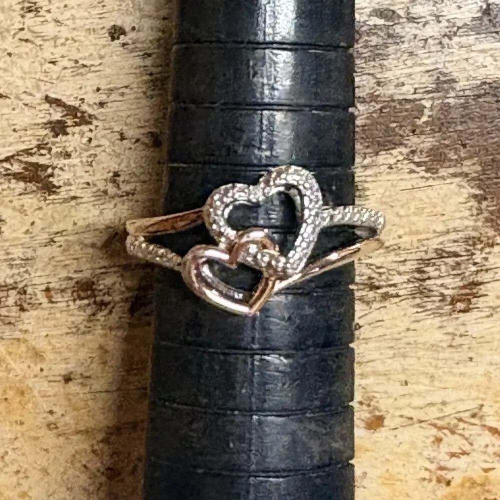 Heart Ring Size 7 Sterling Silver Two Tone w/ Diamonds Interlocking & Rose Gold